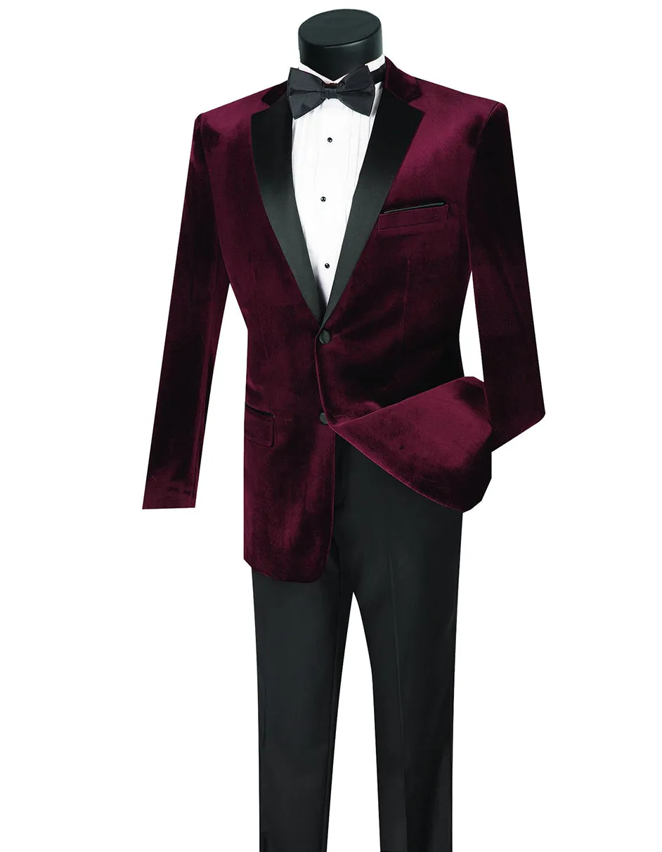 Mens Velvet Notch Prom Tuxedo in Burgundy