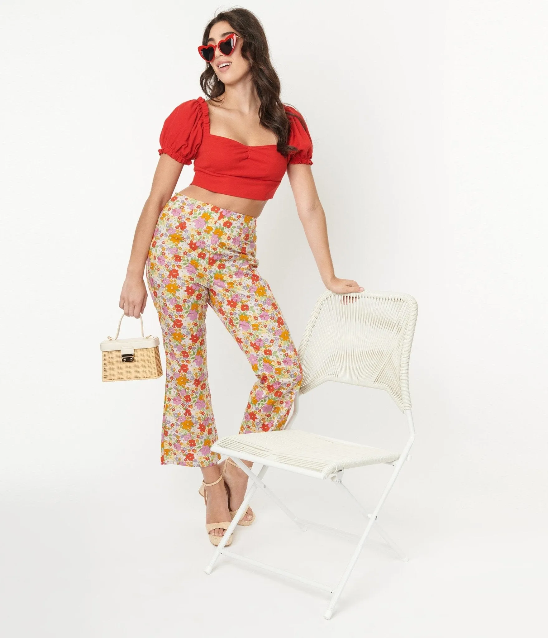 Multicolor Retro Floral Flare Pants