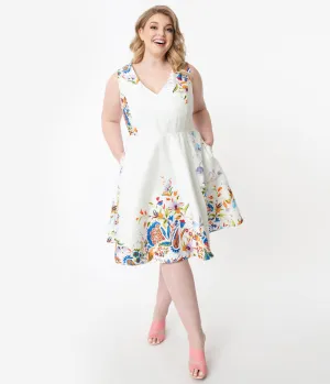 Plus Size Ivory Double Border Floral Print Swing Dress