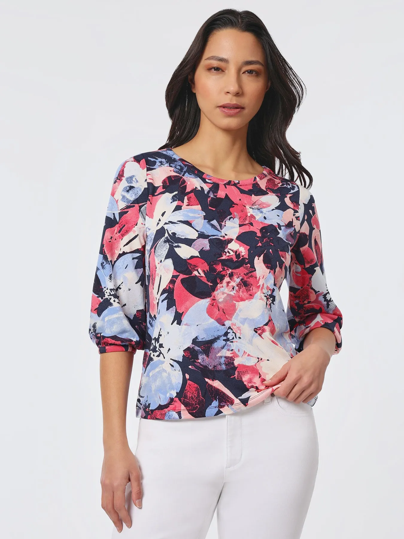 Plus Size Printed Moss Crepe Puff Sleeve Top