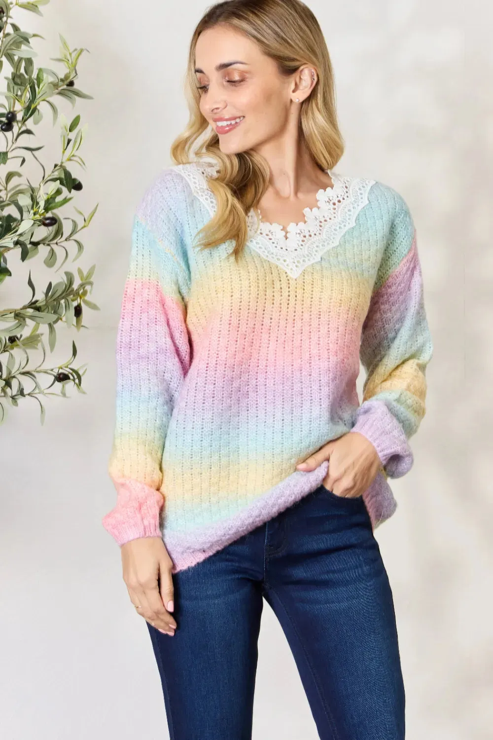 Rainbow Gradient Crochet Deetail Sweater