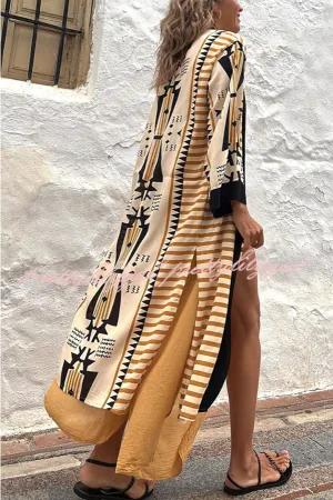 Retro Geometric Ethnic Print Open Front Slit Duster Kimono