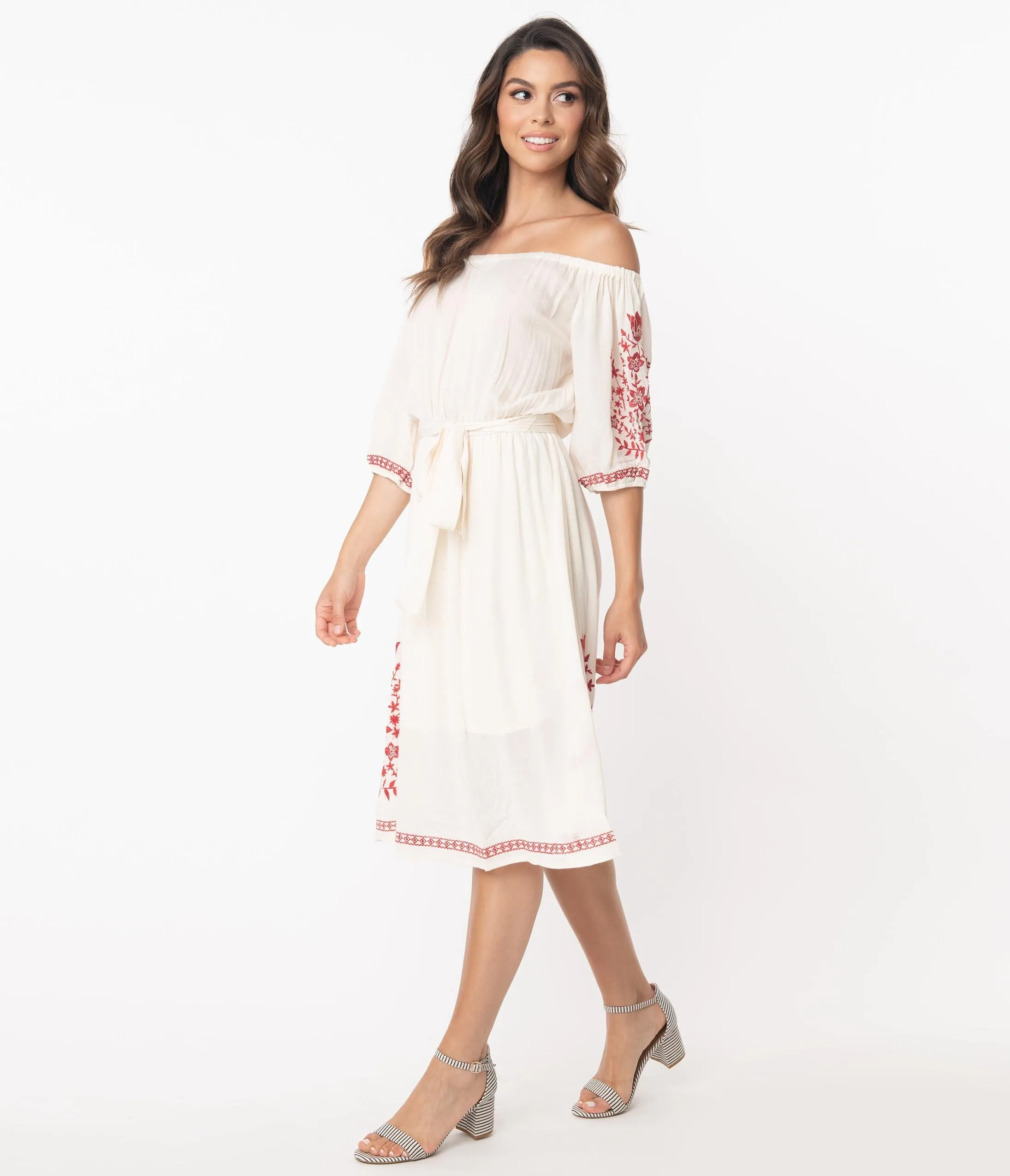 Retro Style Cream Embroidered Off Shoulder Midi Dress