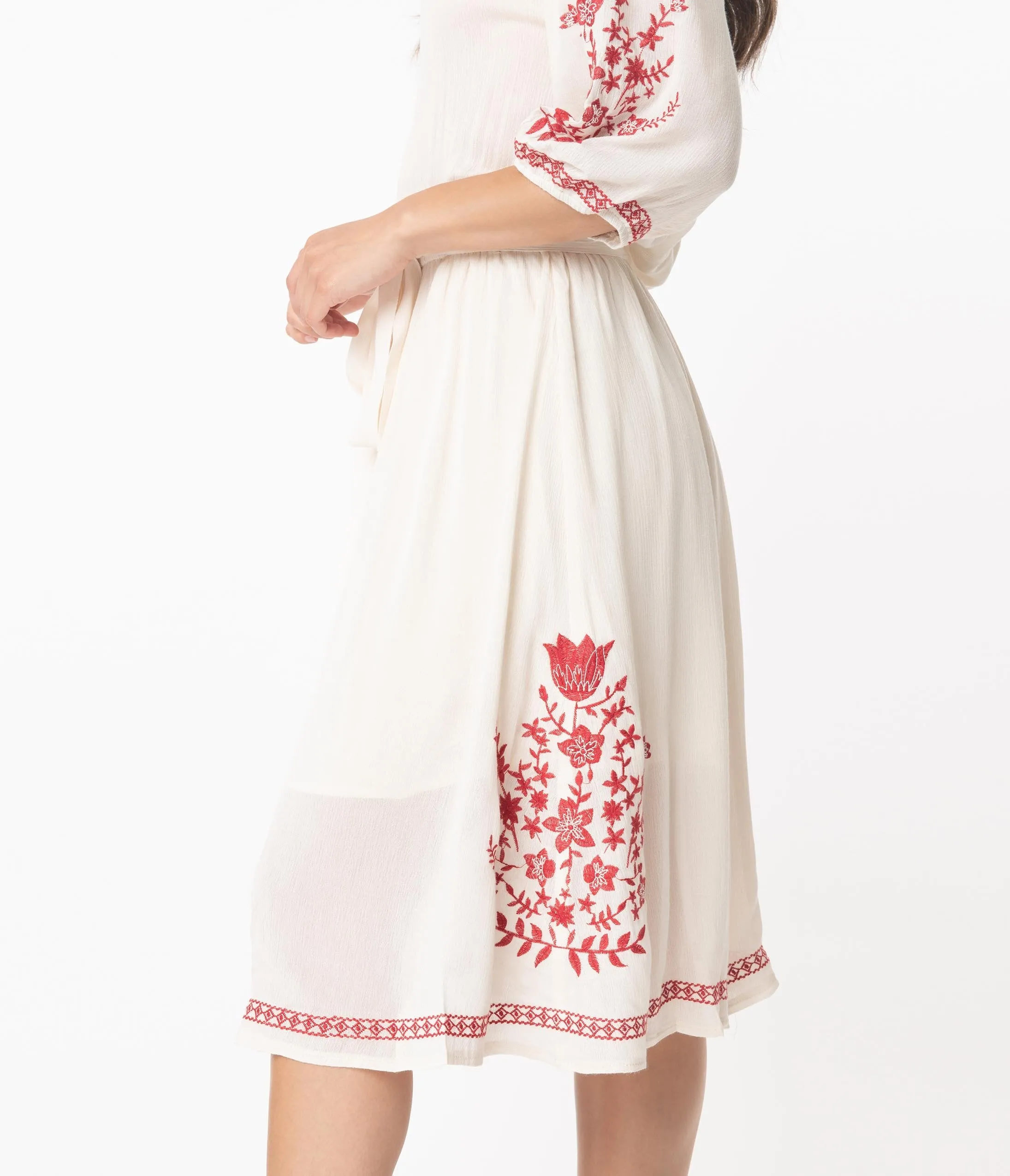 Retro Style Cream Embroidered Off Shoulder Midi Dress