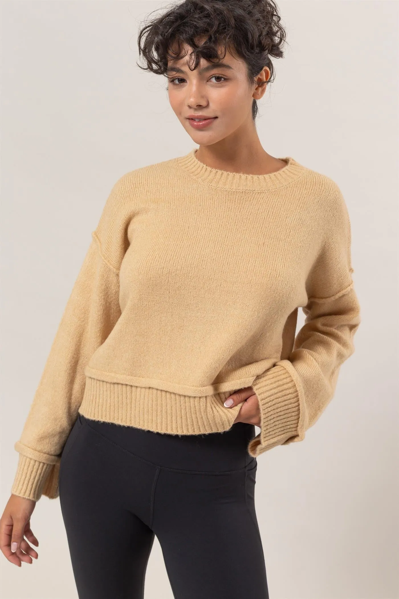 Round Neck Dropped Shoulder Ribbed Sweater