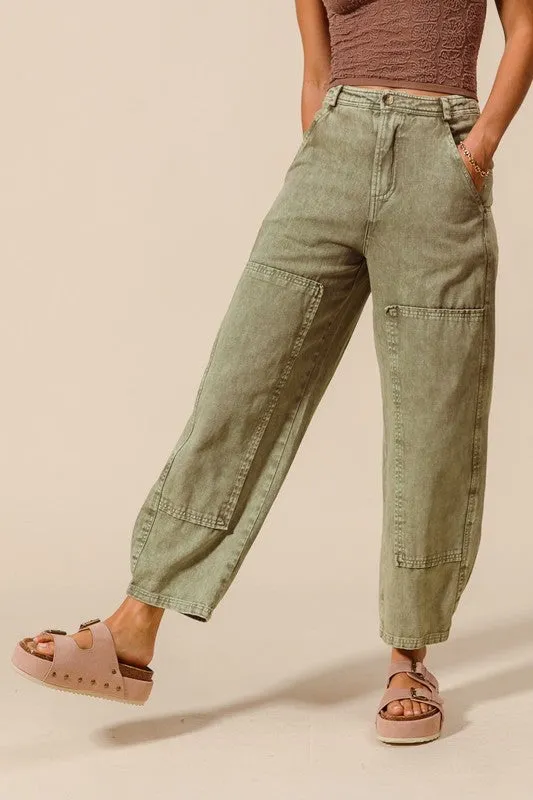 Shay Mineral Wash Barrel Jeans in Khaki, Blue, & Olive