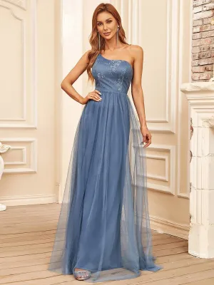 Sheer Asymmetrical One-Shoulder Lace A-Line Bridesmaid Dress