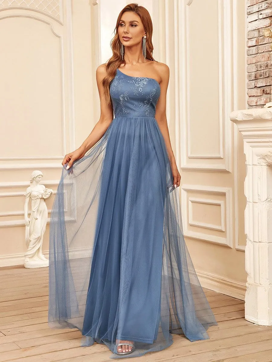 Sheer Asymmetrical One-Shoulder Lace A-Line Bridesmaid Dress