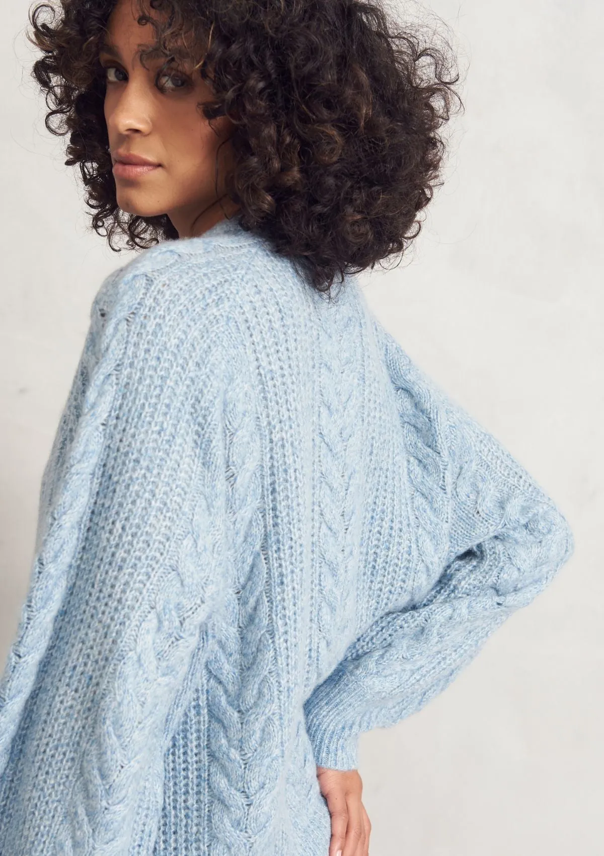 Silk Cashmere Blend Cable Cardigan in Vintage Blue