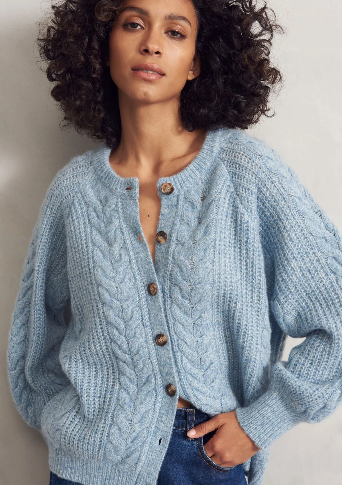 Silk Cashmere Blend Cable Cardigan in Vintage Blue