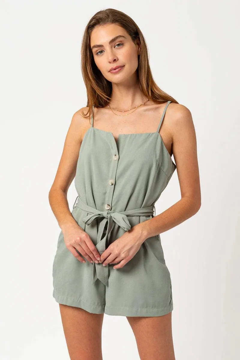 Sleeveless Button down Belted Romper