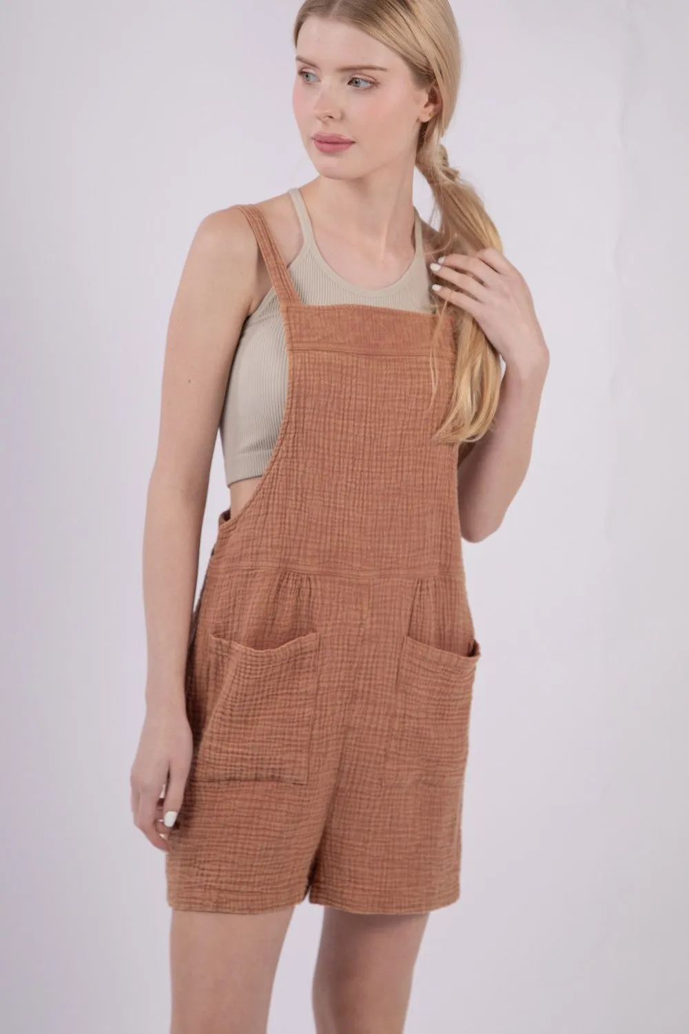 Sleeveless Double Gauze Overalls with Pockets