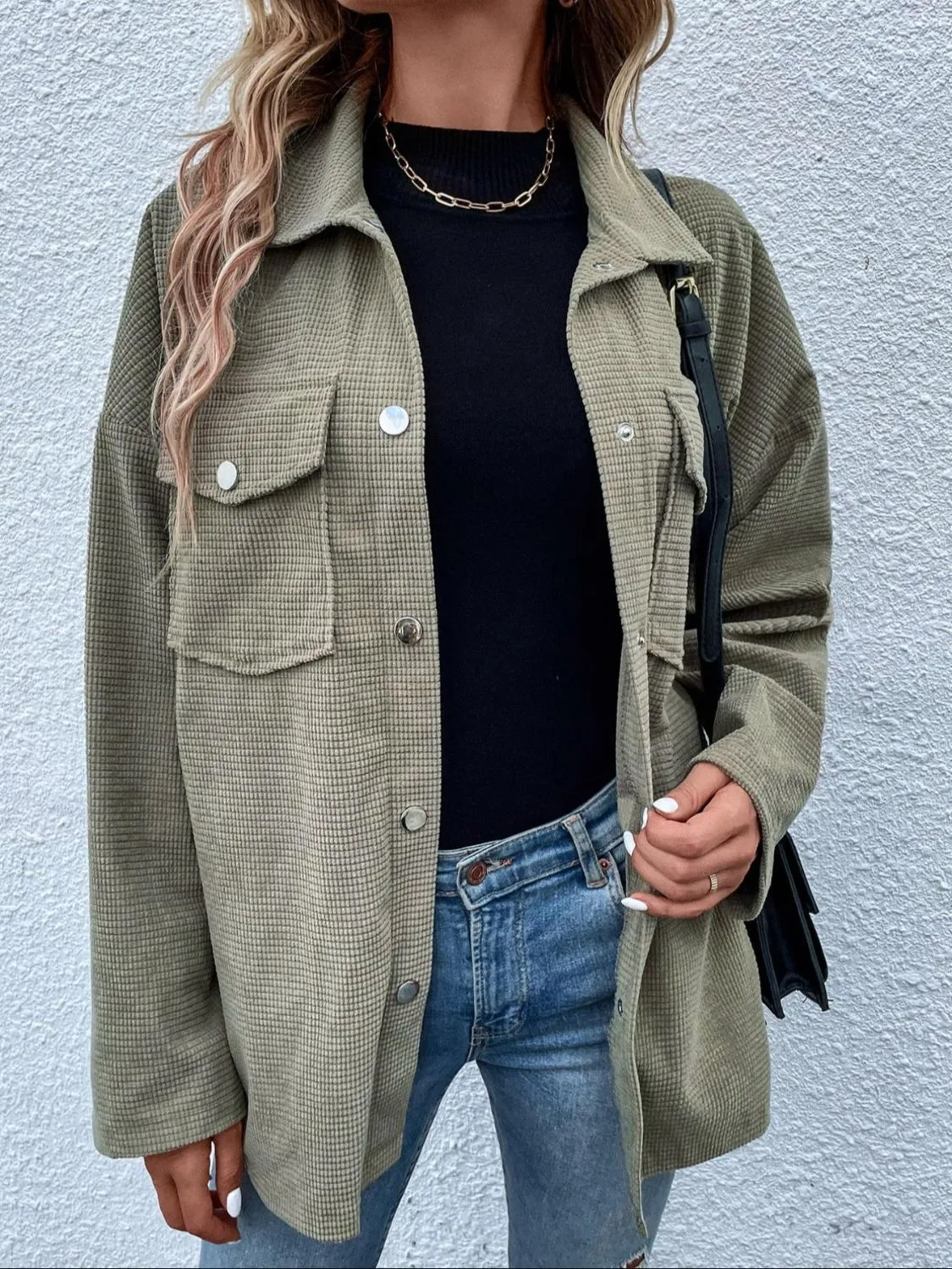 Snap Down Collared Neck Drop Sage Shoulder Jacket