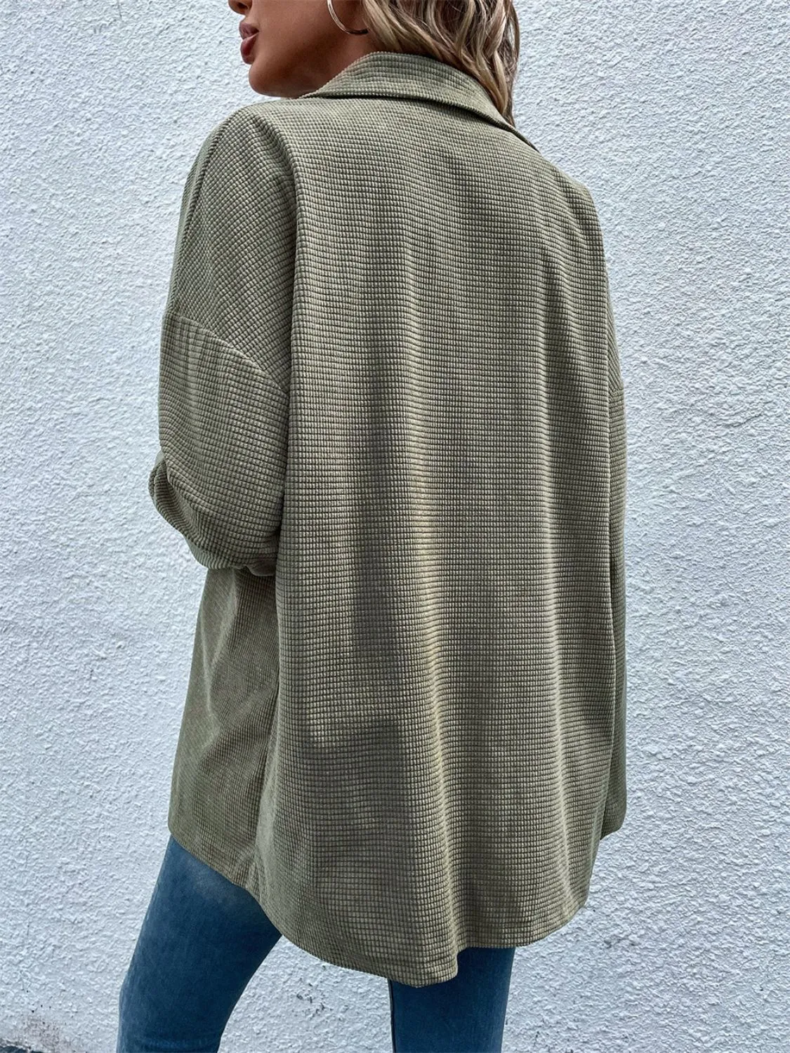 Snap Down Collared Neck Drop Sage Shoulder Jacket