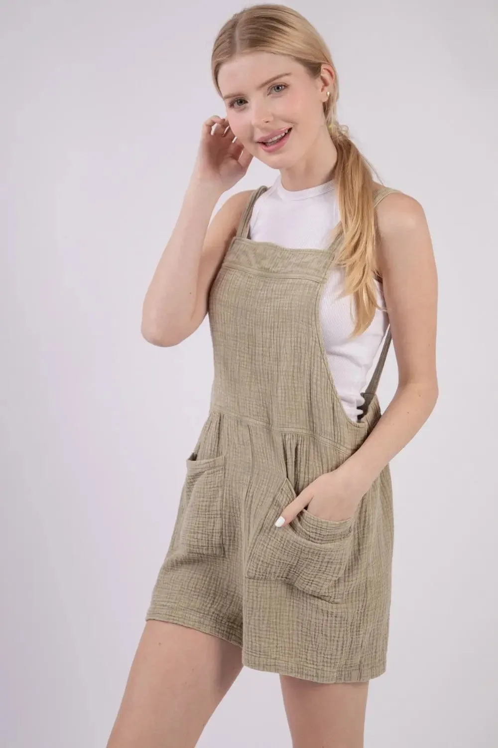 Sylvia Sleeveless Double Gauze Overalls with Pockets