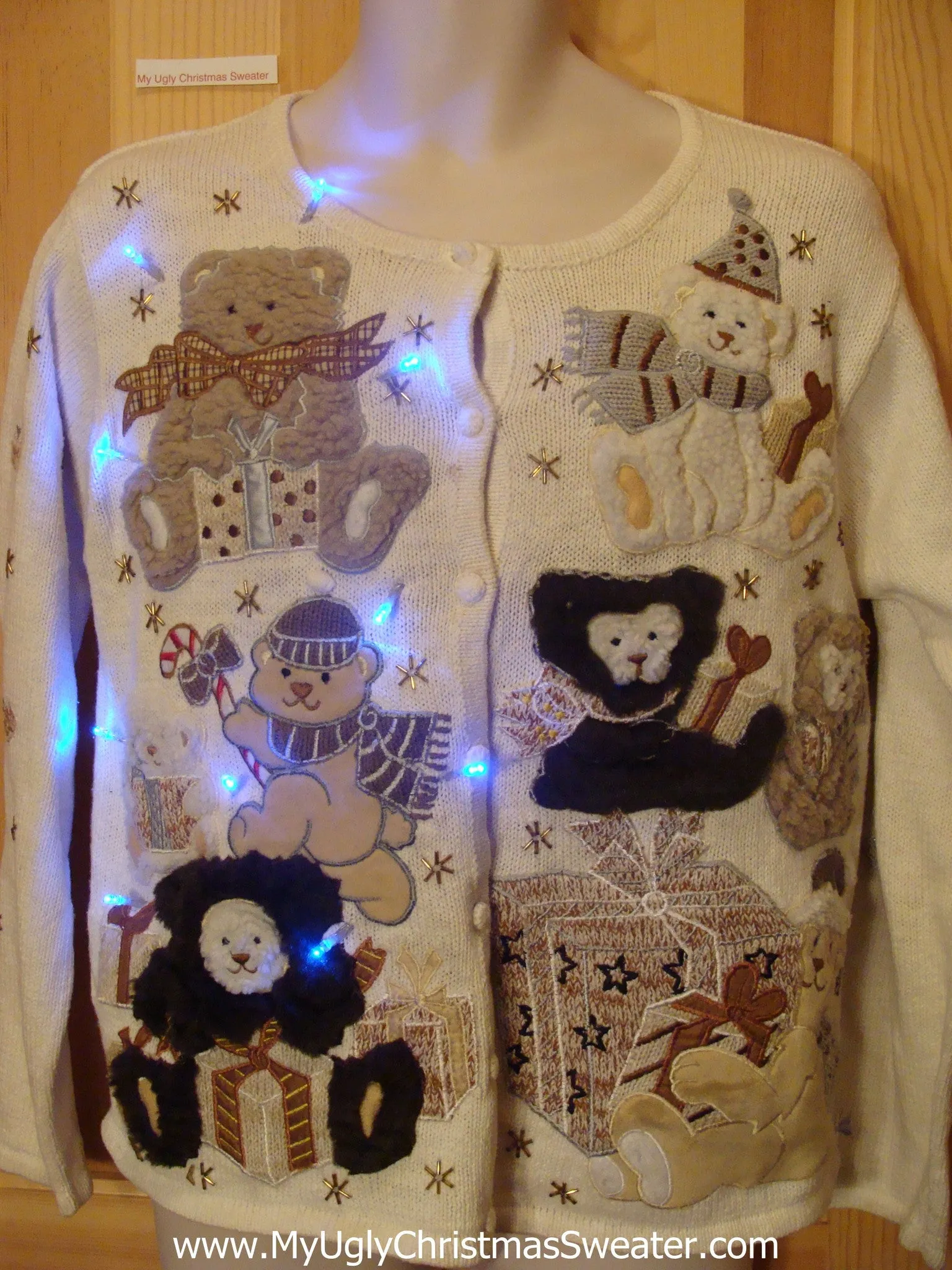 Tacky Light Up Christmas Sweater Brown Bears Front and Back