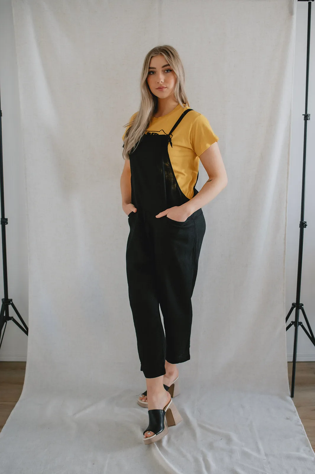 The Linen Blend Knotted Overall - Black