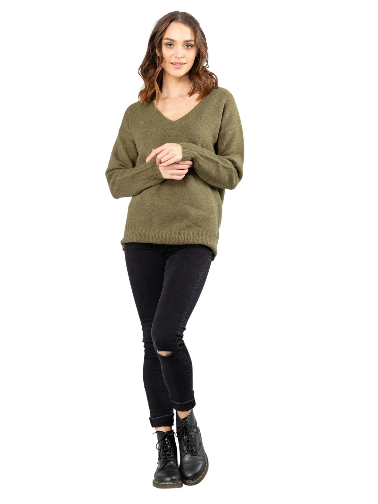 Together Vee Neck Knit - Faded Olive