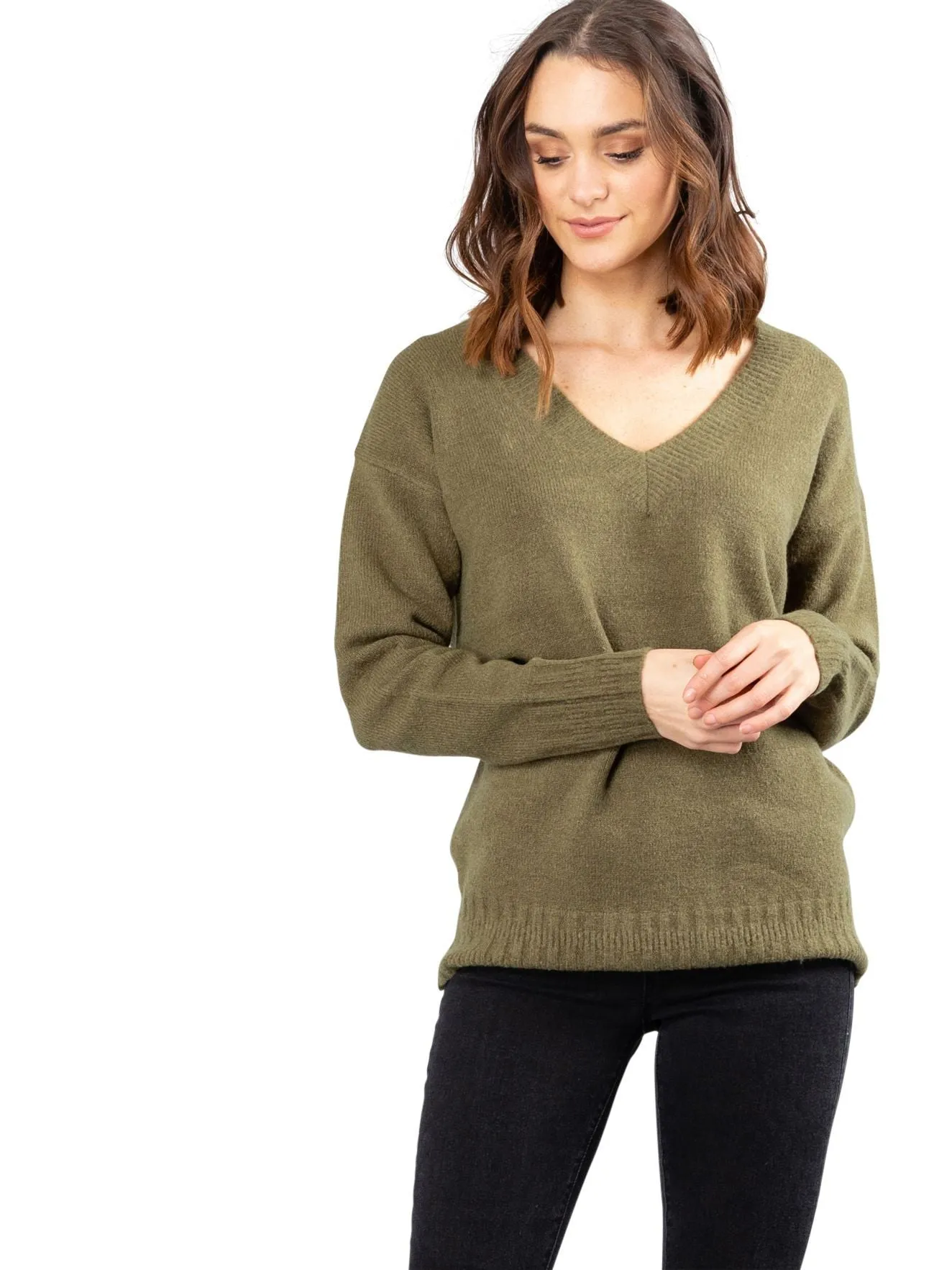 Together Vee Neck Knit - Faded Olive