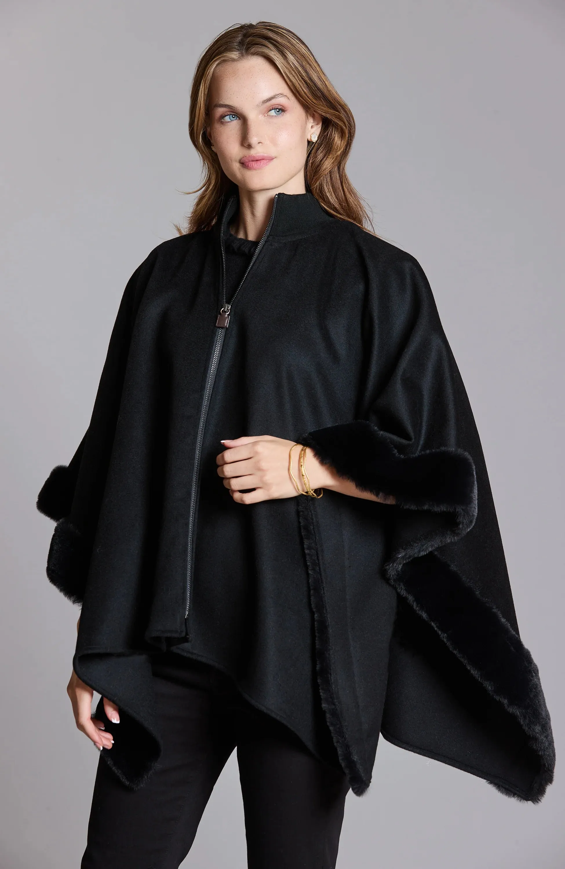 Tyler Boe Leslie Zip Cape with Fur Black