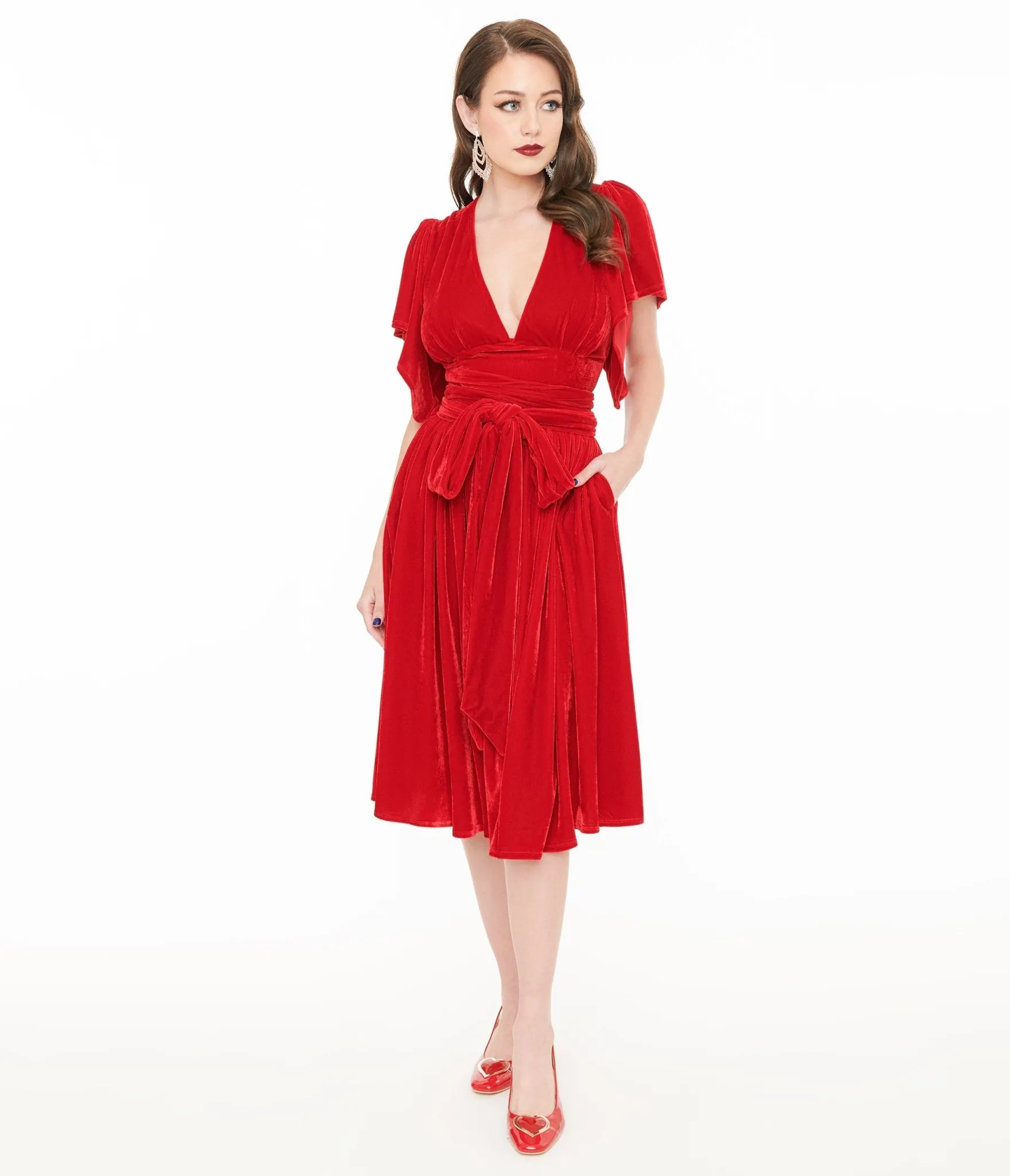 Unique Vintage 1940s Red Velvet Flutter Sleeve Swing Dress