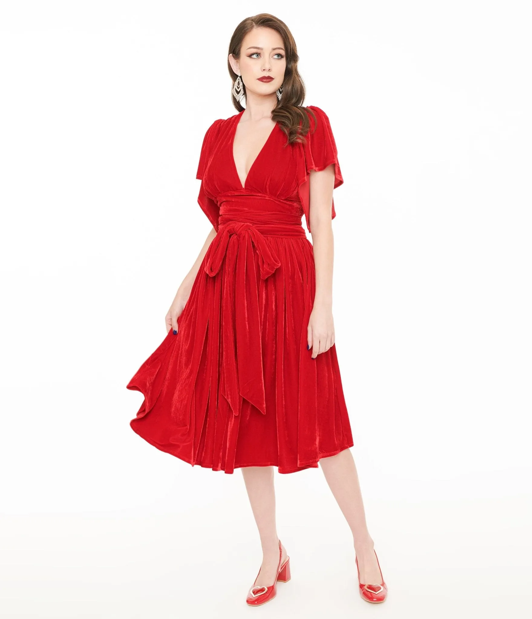 Unique Vintage 1940s Red Velvet Flutter Sleeve Swing Dress