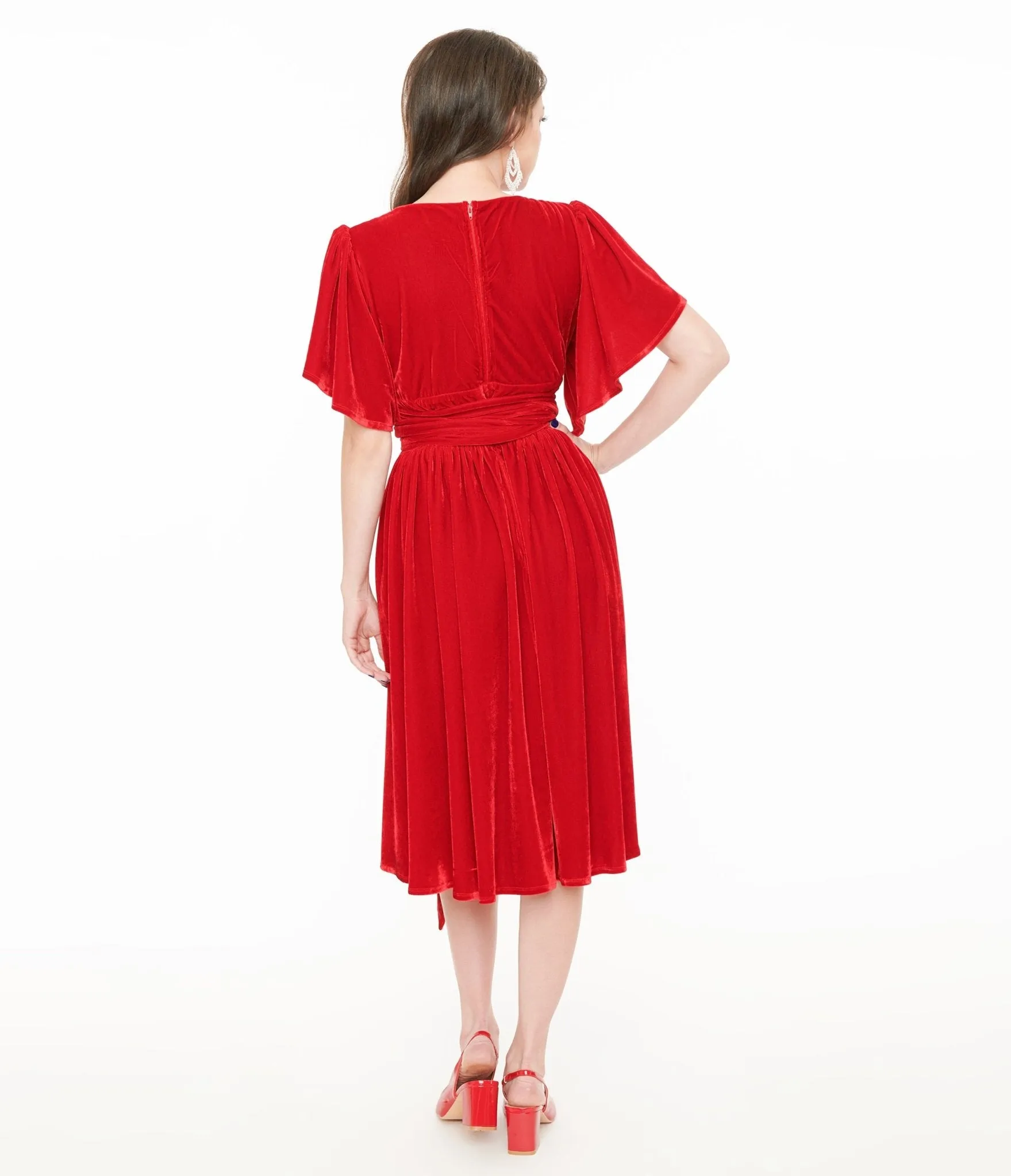 Unique Vintage 1940s Red Velvet Flutter Sleeve Swing Dress