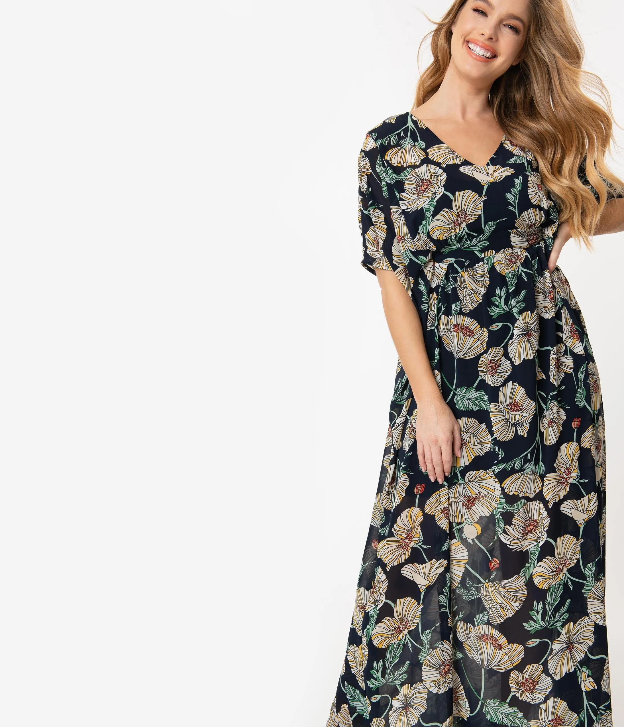 Unique Vintage 1970s Navy & Ivory Floral Chiffon Liz Caftan Dress