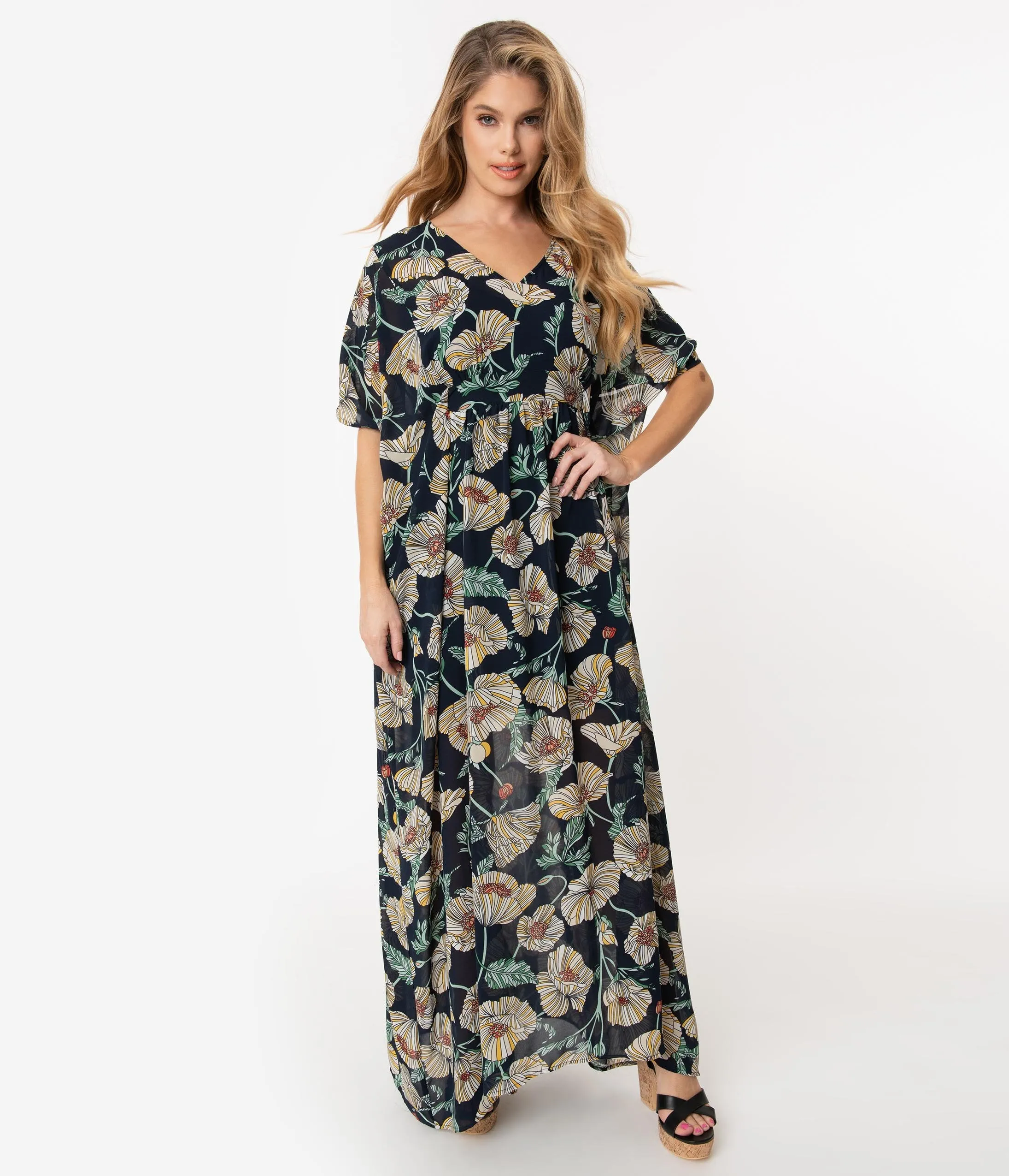 Unique Vintage 1970s Navy & Ivory Floral Chiffon Liz Caftan Dress