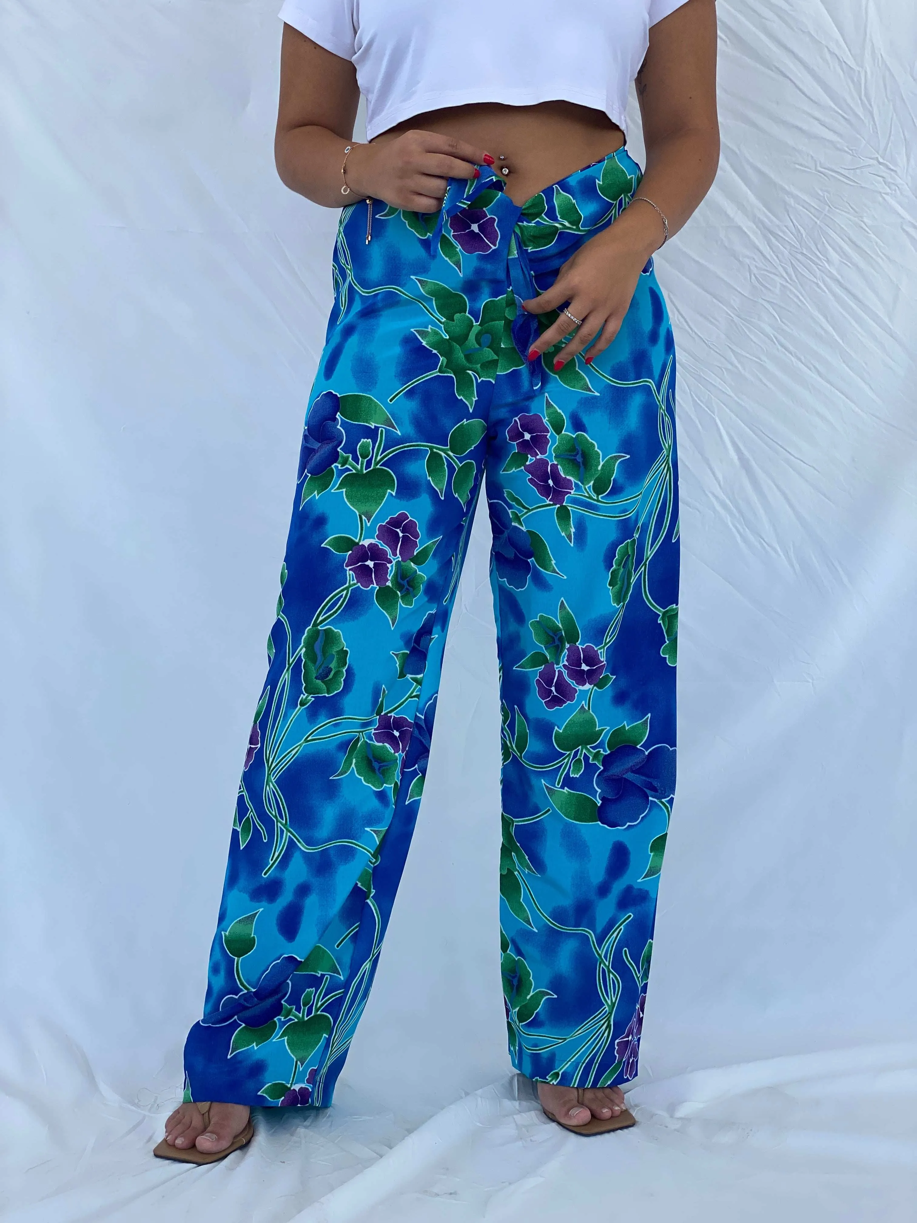 Vintage 90s Jessica Intimates Floral Blue Beach Pants - L