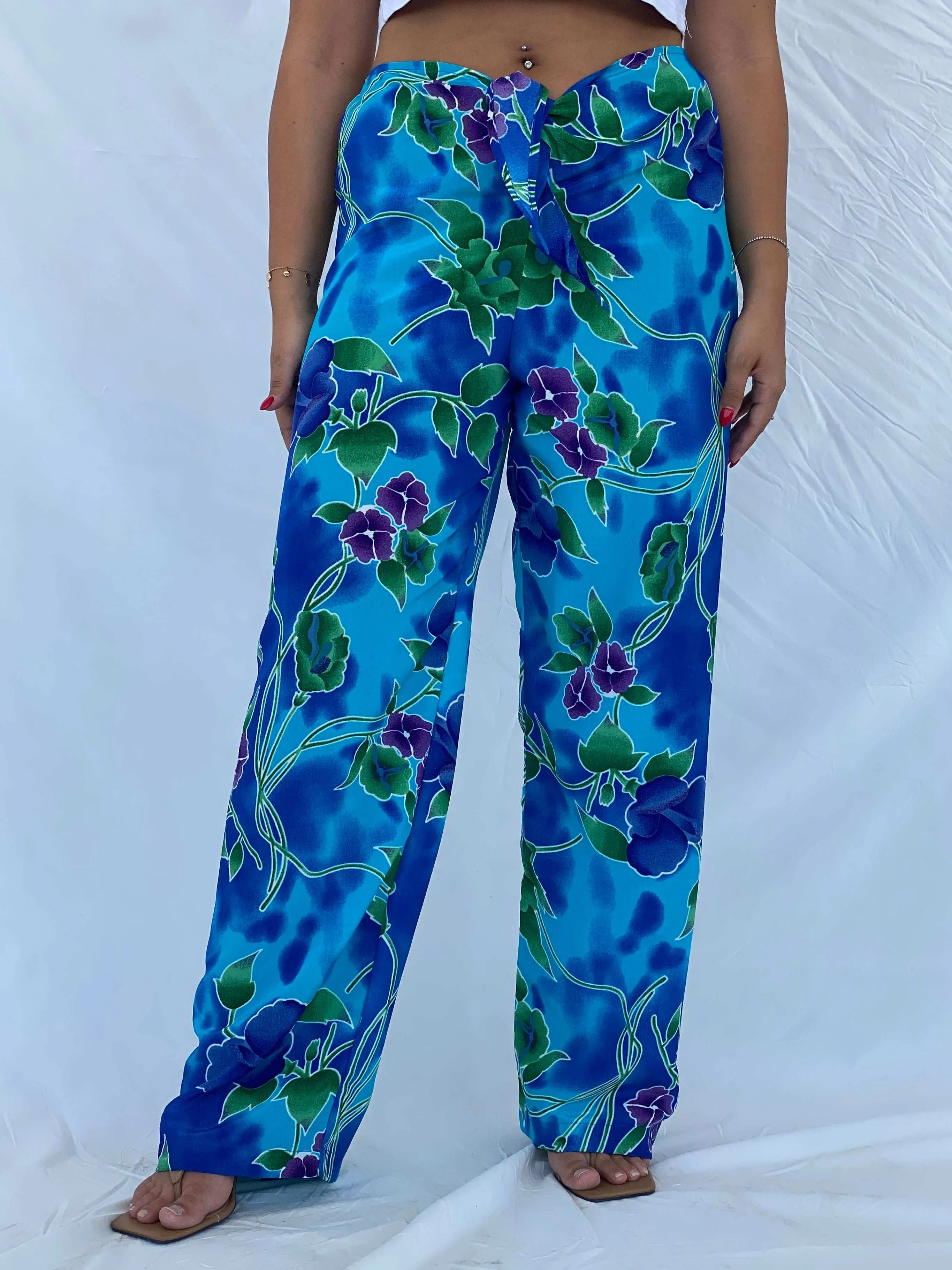 Vintage 90s Jessica Intimates Floral Blue Beach Pants - L