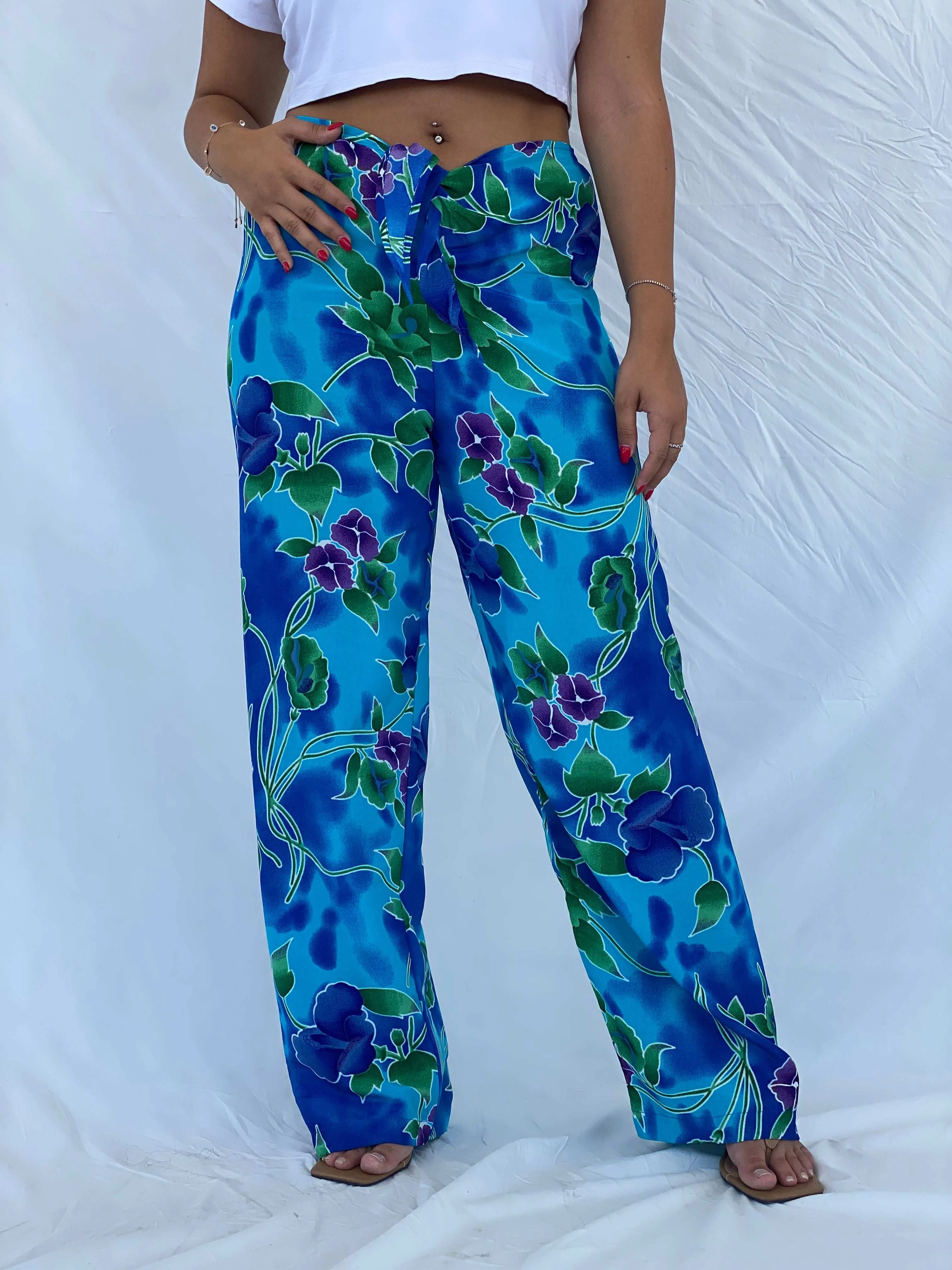 Vintage 90s Jessica Intimates Floral Blue Beach Pants - L