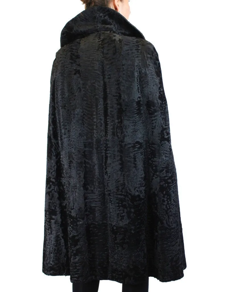 Vintage Black Broadtail Fur Cape w/ Broadtail Belt -M