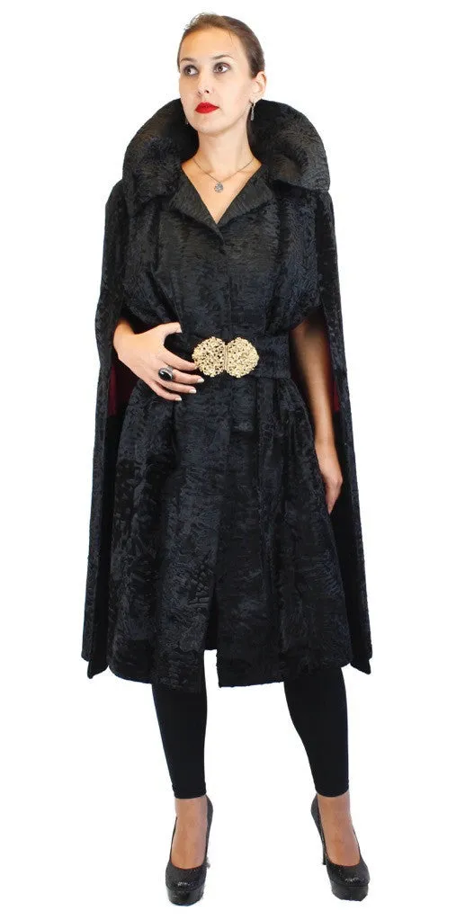 Vintage Black Broadtail Fur Cape w/ Broadtail Belt -M