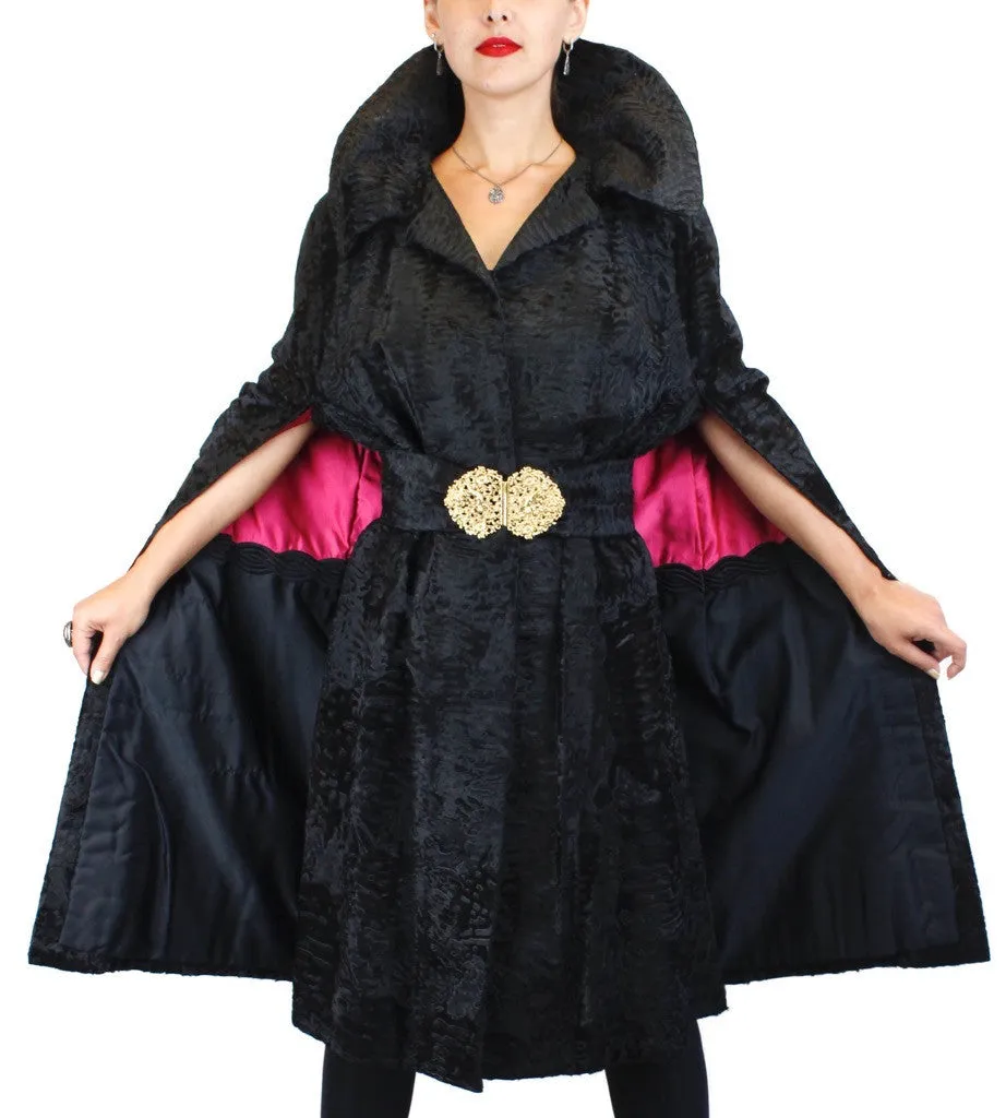 Vintage Black Broadtail Fur Cape w/ Broadtail Belt -M