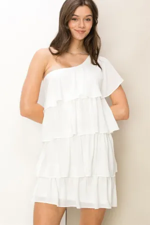 White Romantic Flair One-Shoulder Ruffled Mini Dress