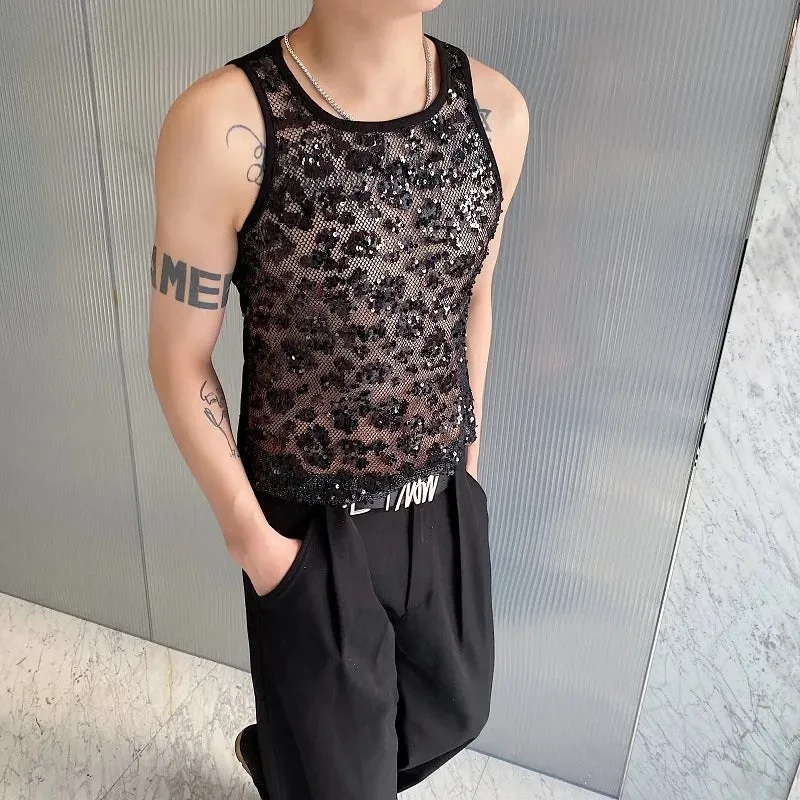 Wiaofellas  -  Chic Men's Sexy Tops Mesh Sequins Glitter Stretch Skinny Tank top Summer Fashion Nightclub Stage Tight-fitting Vests for men