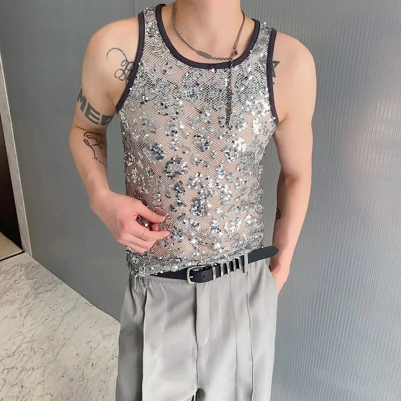 Wiaofellas  -  Chic Men's Sexy Tops Mesh Sequins Glitter Stretch Skinny Tank top Summer Fashion Nightclub Stage Tight-fitting Vests for men