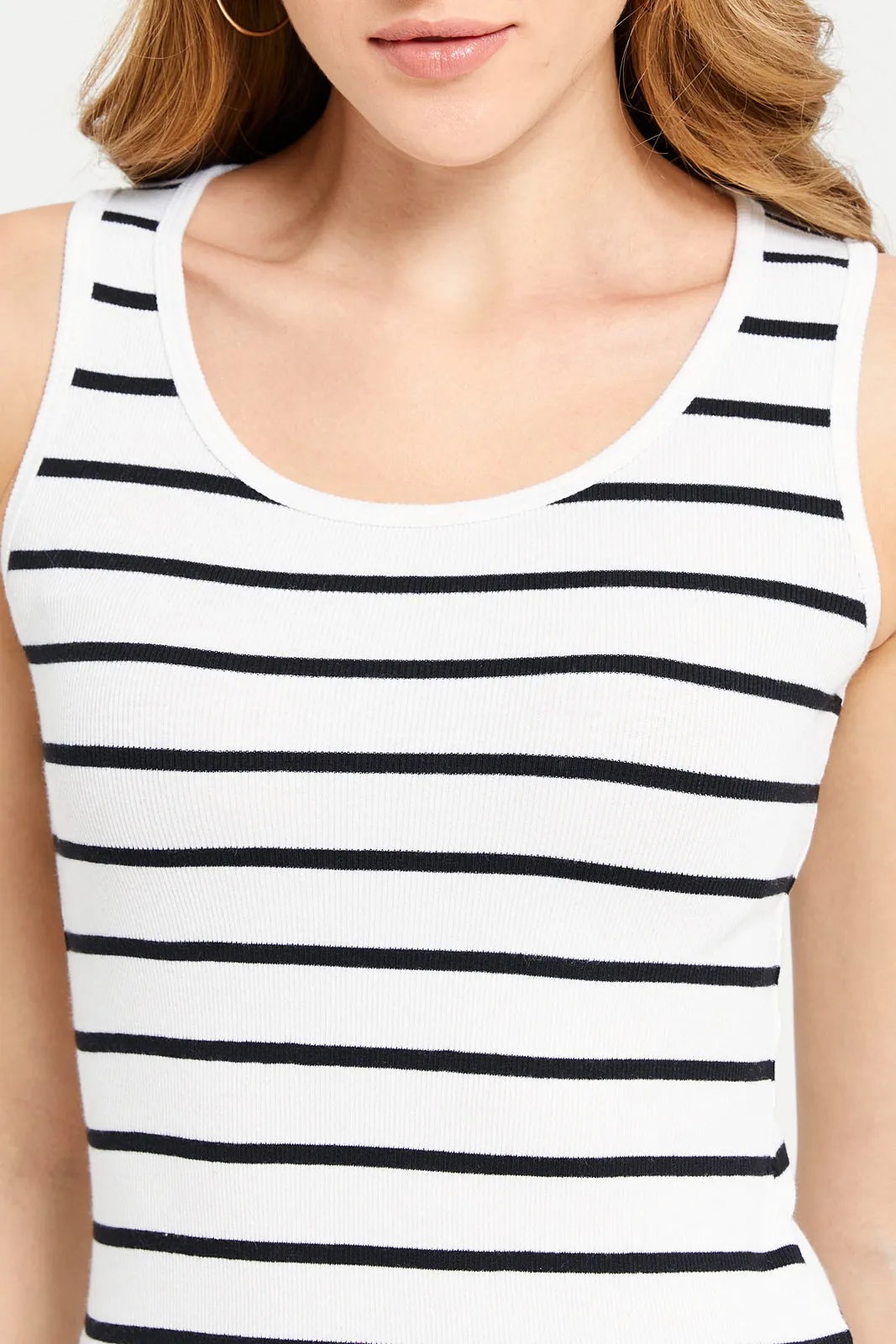 Women Black And White Striped Rib Vest