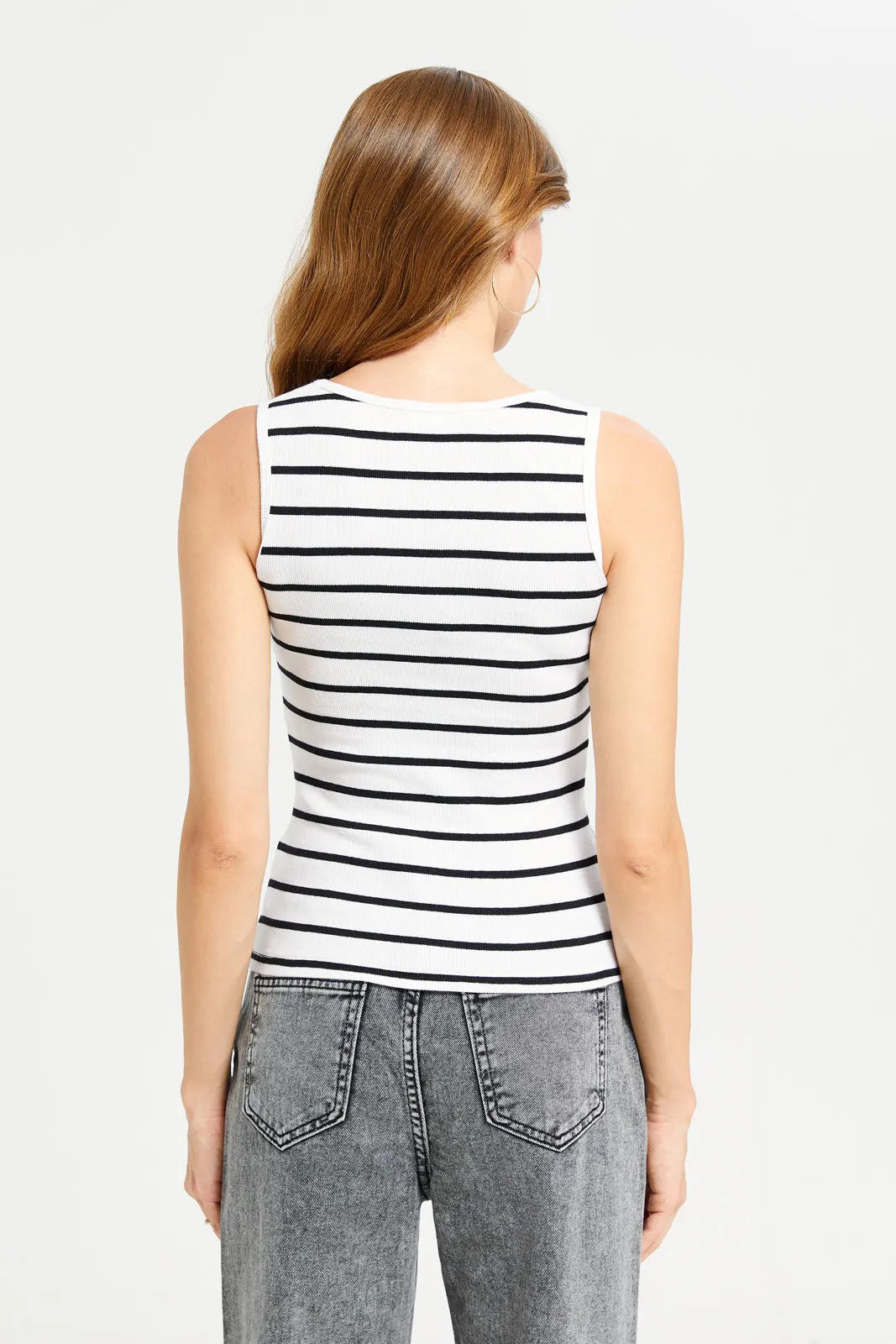 Women Black And White Striped Rib Vest