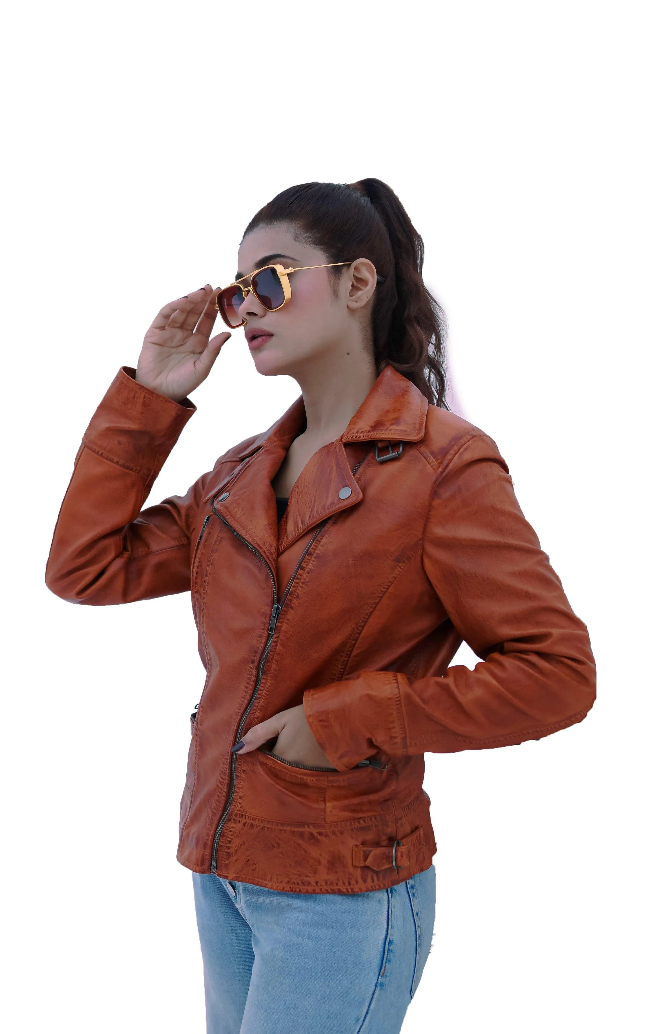 WOMEN MOD SQUAD DOUBLE BREASTED TAN BROWN WAXED BIKER SOFT LAMBSKIN LEATHER JACKET