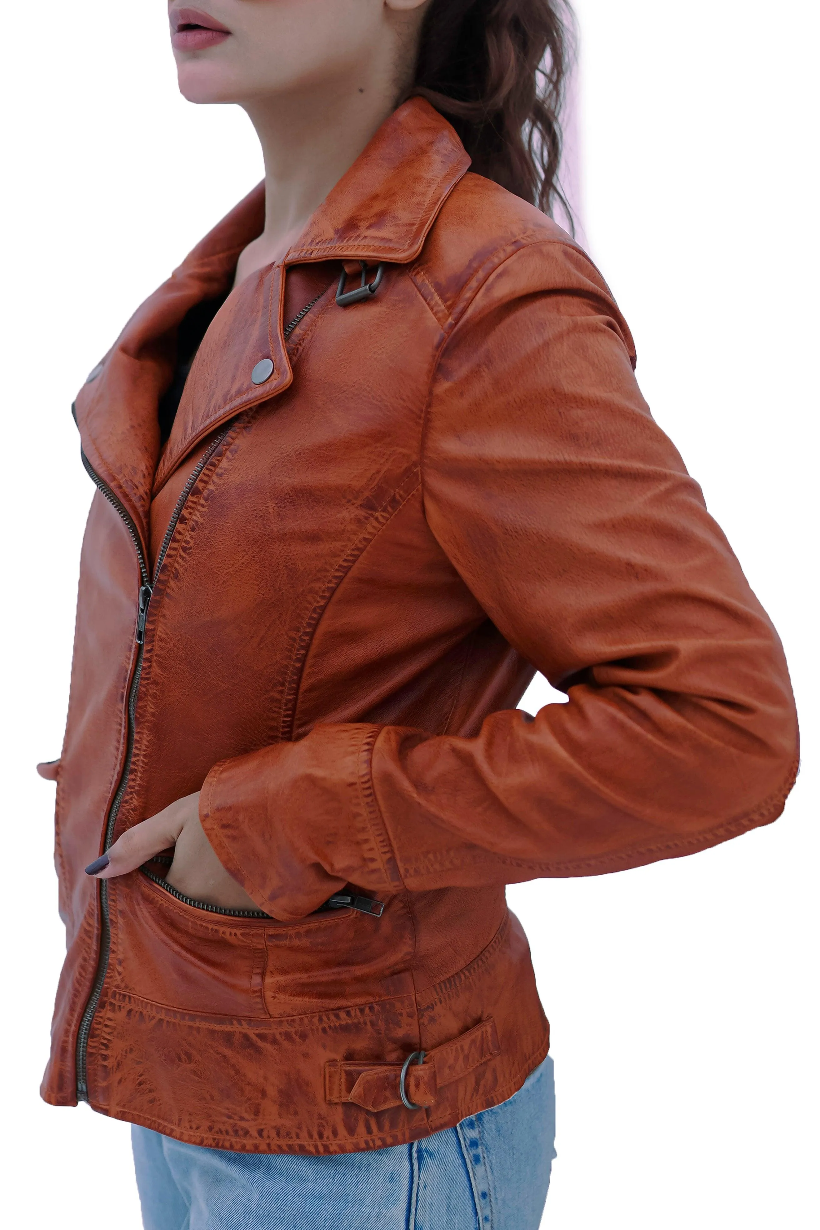 WOMEN MOD SQUAD DOUBLE BREASTED TAN BROWN WAXED BIKER SOFT LAMBSKIN LEATHER JACKET