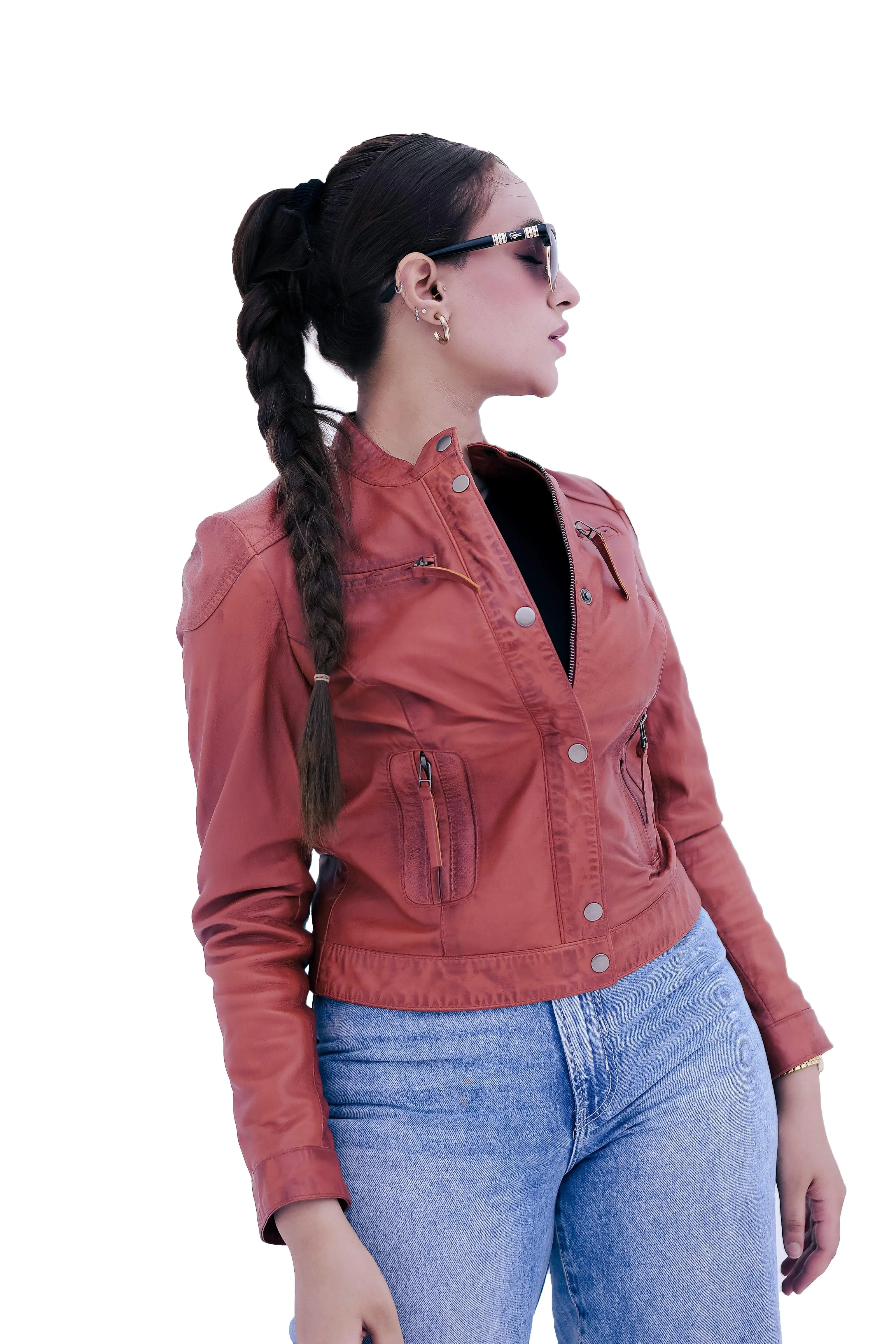 WOMEN REAL LEATHER TAN BROWN BIKER LAMBSKIN JACKET