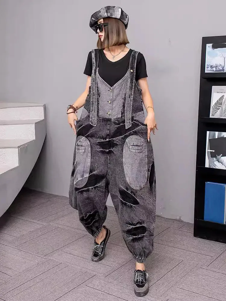 Women's Elegant Gray Denim Oversized Overalls