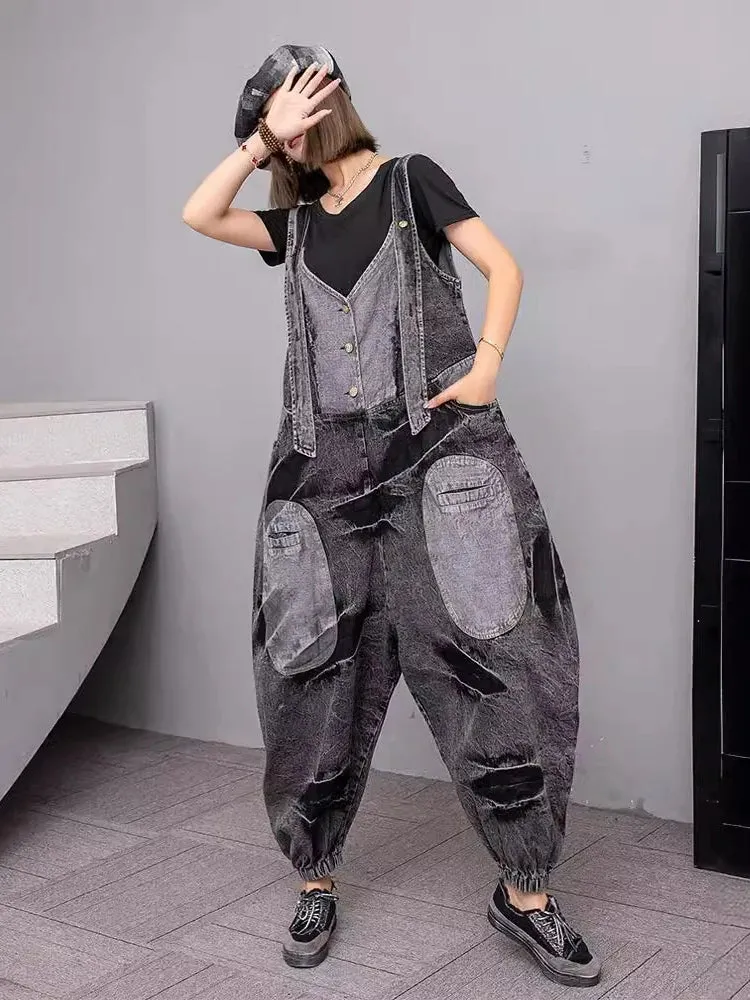 Women's Elegant Gray Denim Oversized Overalls