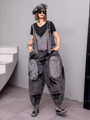 Women's Elegant Gray Denim Oversized Overalls