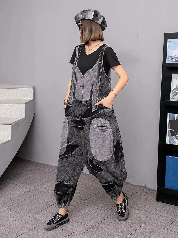 Women's Elegant Gray Denim Oversized Overalls