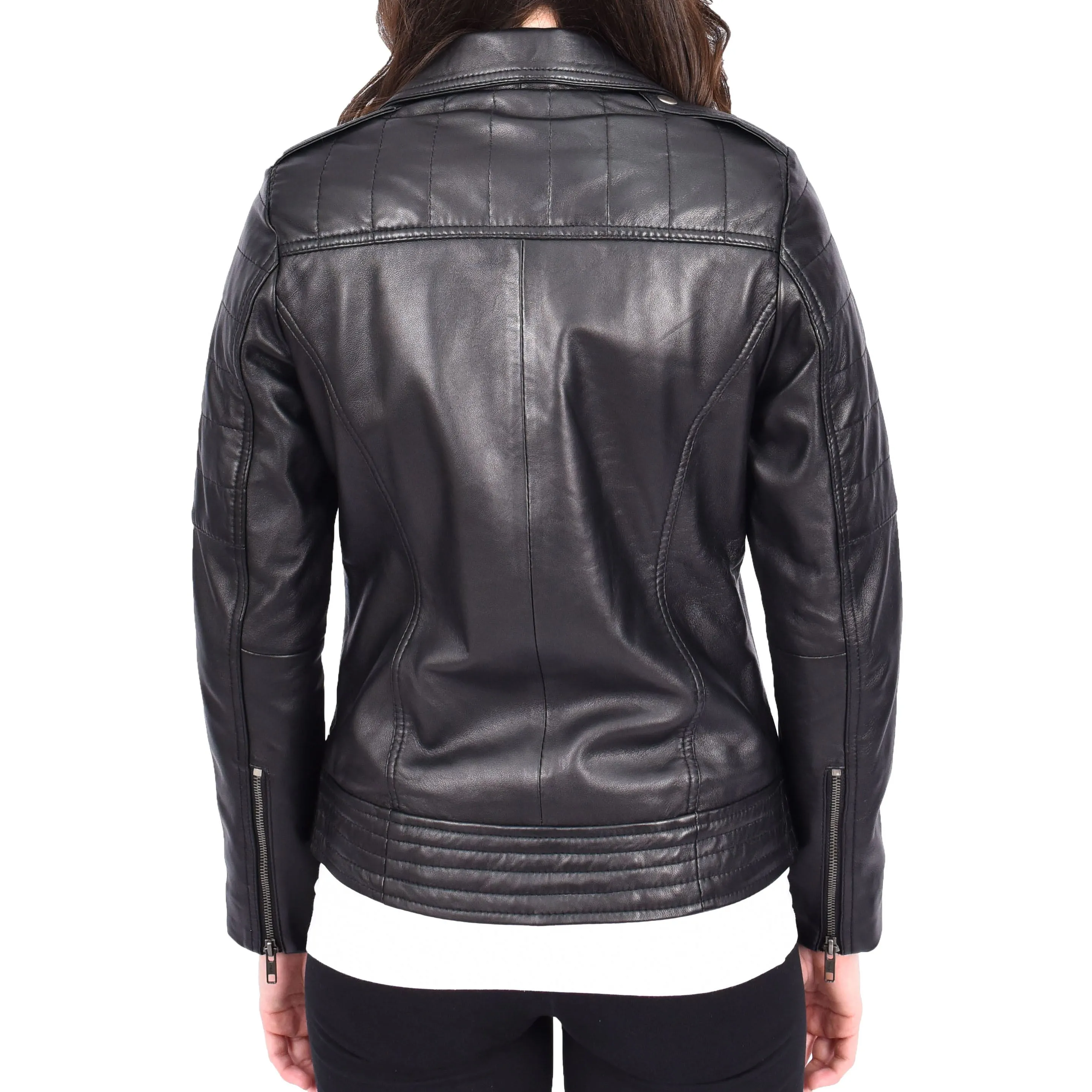 Womens Genuine Soft Black Leather Biker Style Jackets Fitted Zip Fasten Wendy