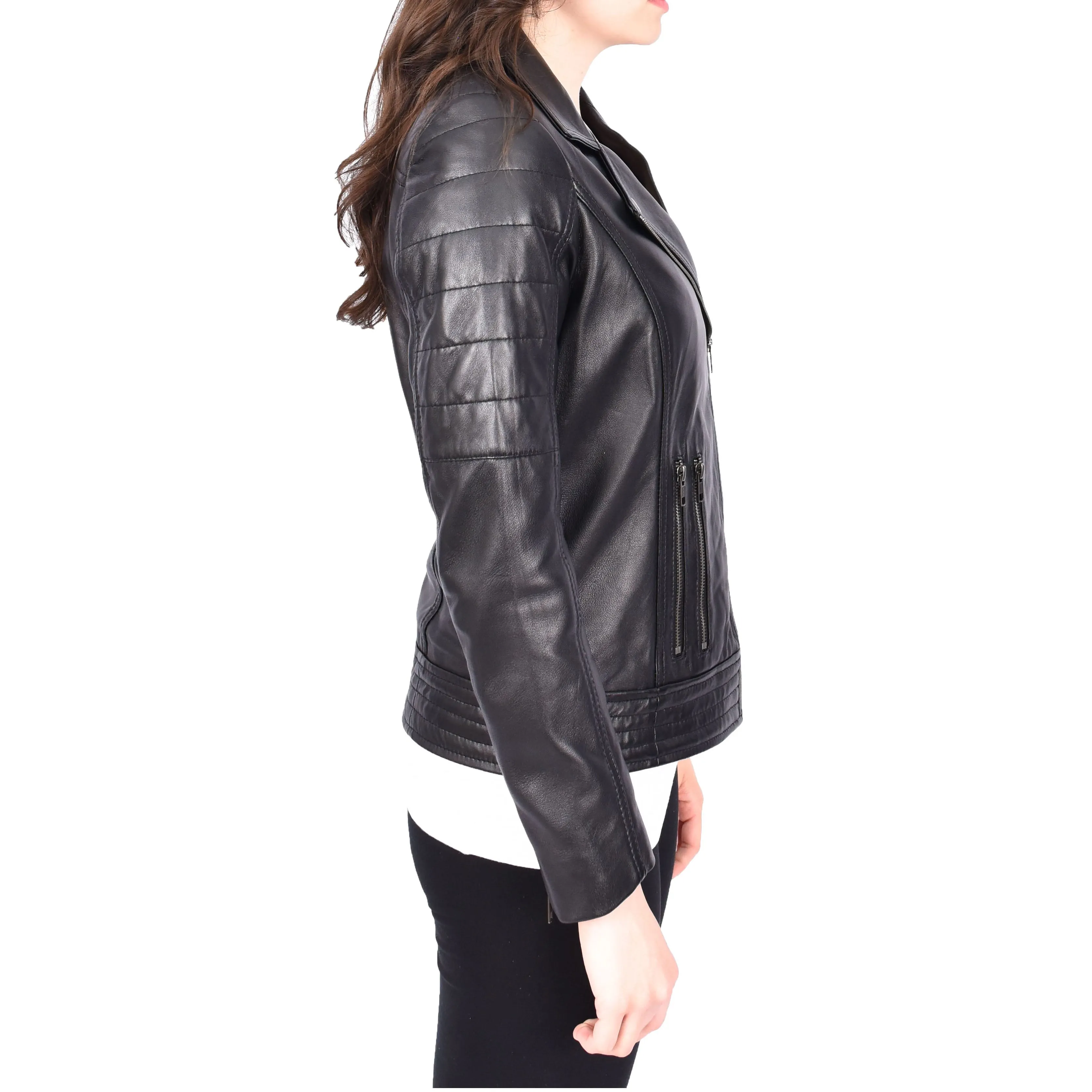 Womens Genuine Soft Black Leather Biker Style Jackets Fitted Zip Fasten Wendy