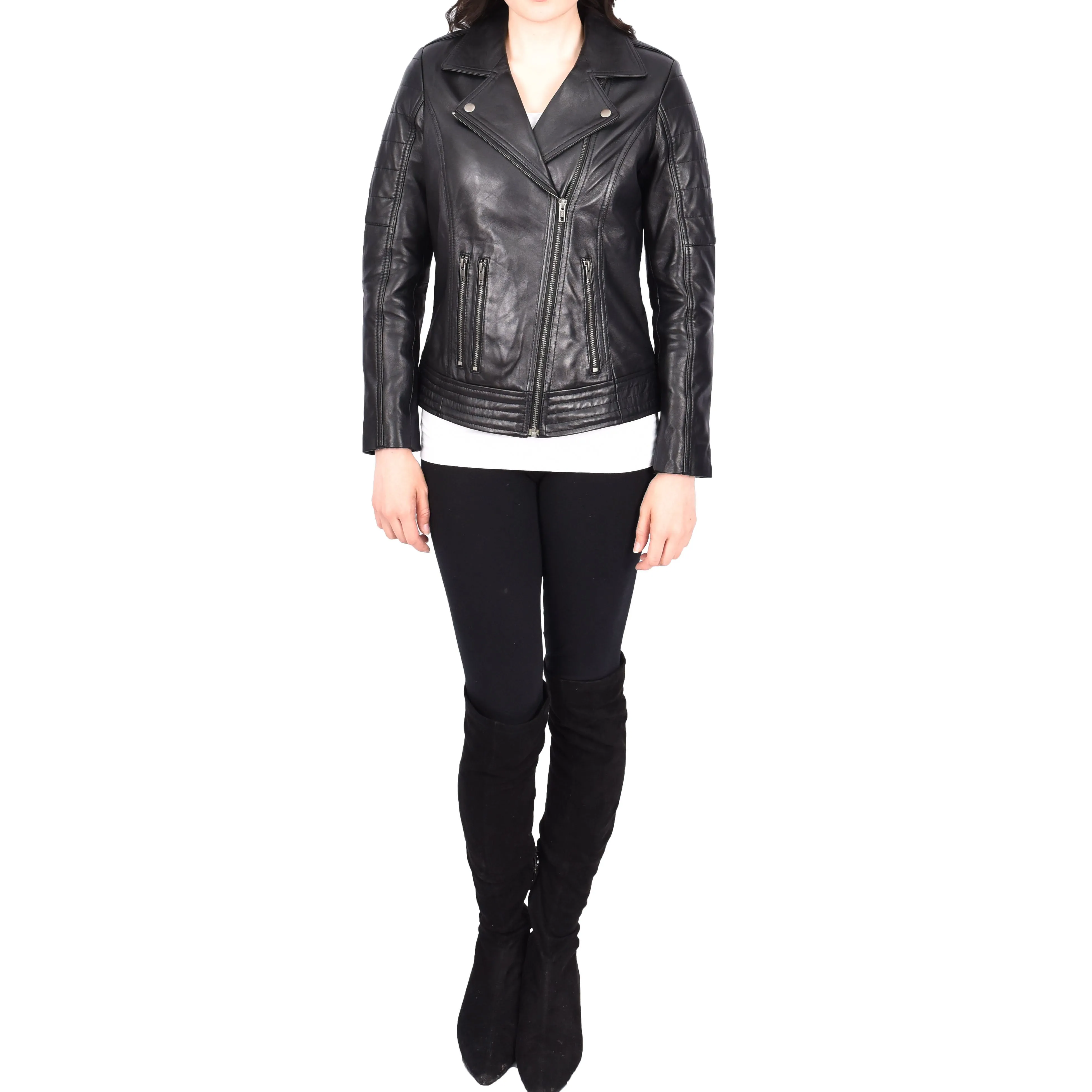 Womens Genuine Soft Black Leather Biker Style Jackets Fitted Zip Fasten Wendy